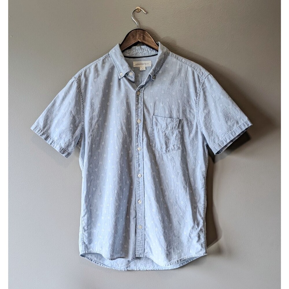 Aeropostale Mens Medium Blue Chambray Short Sleeve Shirt Geometric Button Down